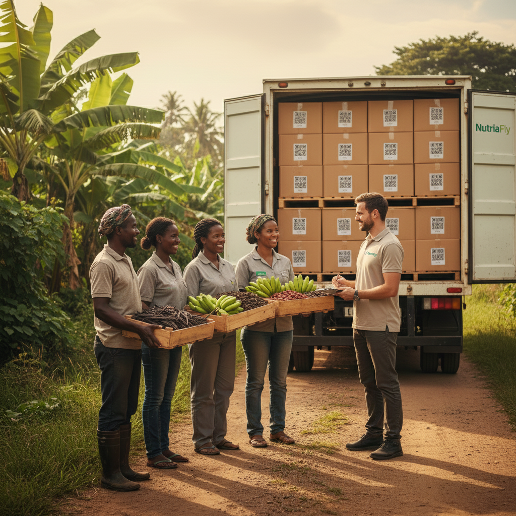 Entrepôt NutriaFly logistique et traçabilité — caisses agricoles exportées avec QR code